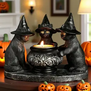 Resin Witch Cat Sculpture Figurine, Mystical Dark Vintage Style Candle Holder Decor, Halloween Home Desktop Decoration Gift, Vintage Candle Stand, Ornament, Table Decoration