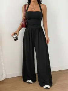 Summer Women's Halter Backless Sleeveless Bodycon High Waist Wide Leg Jumpsuit, Comfortable Drape Fabric, Lightweight Breathable Summer
