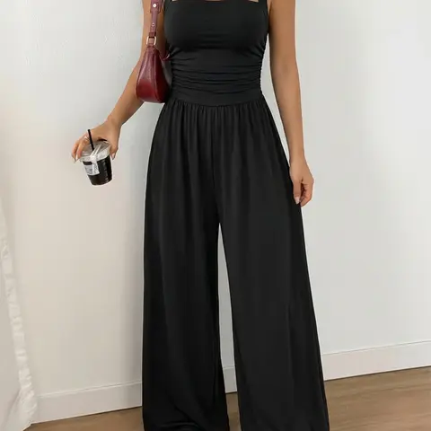 Women's Backless Sleeveless Halter High-Waist Wide-Leg Jumpsuit, Comfortable Lightweight Breathable Fabric, Casual Basic Summer Wear