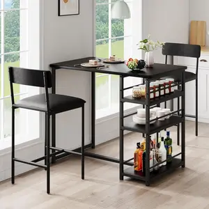 3 Piece Dining Table Set for 2 with 2 Upholstered Chairs, Rustic Pub/Bar Table Set + 3 Large Storage Shelves, Compact Kitchen Table for Small Spaces, Apartment, Breakfast Nook, Black