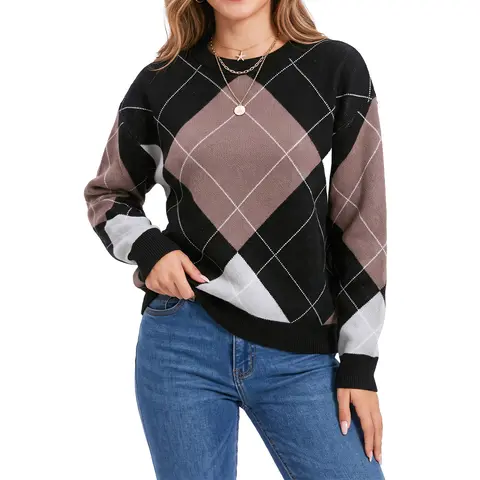 Shewin Women's Regular Argyle Plaid Long-Sleeve Pullover Sweater - Knitting Drop Shoulder Round Neck Women's Top, Casual Minimalist High-Stretch Ribbed Cuffs, Soft Blend Viscose-Polyester Lightweight Breathable Knitwear, Women's Tops