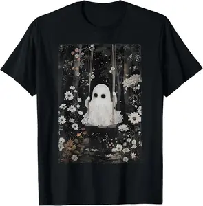 Cottagecore Ghost Swing Floral Aesthetic Halloween Spooky Casual Short Sleeve Cotton T-Shirt