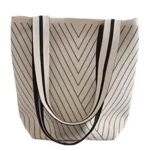 Stylish Geometric Pattern Knitted Shoulder Bag for Women Large Capacity Commute Tote with Elegant Stripes