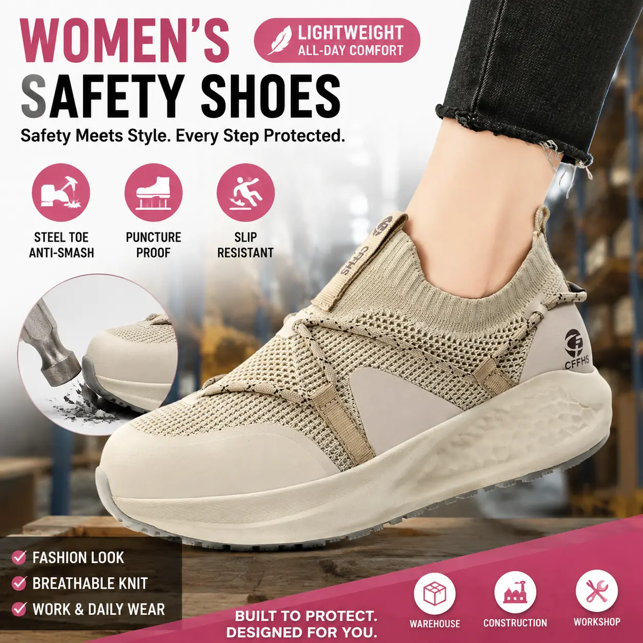 Women's Non-Slip Waterproof Steel Head Less Than Ankle Work Protective Sneakers - Walking Shoes, Kitchen Chef Shoes, Anti-Puncture, Lace-Up, Wet Floor Grip for Standing Jobs, Work Protective Shoes