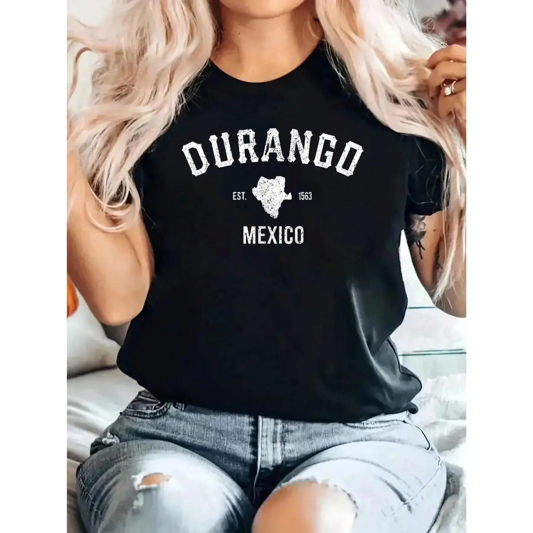 Women's T-Shirt with Durango Map Graphic, Super Soft Cotton Loose-Fit Streetwear Top for Daily Wear and Travel, Lady, Tshirt, Cold Wash Care, Shortsleeve