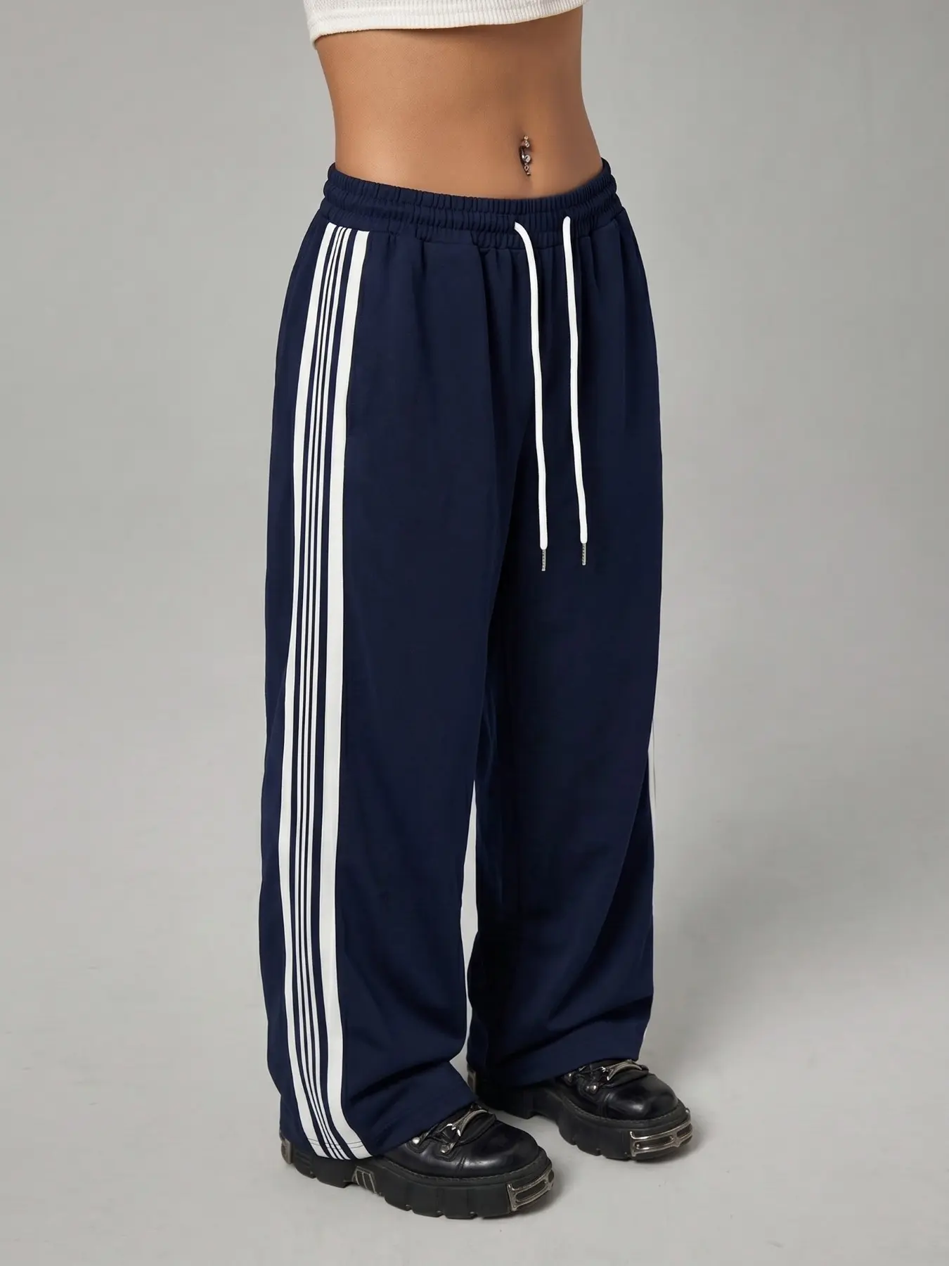 Y2K StreetStyle Navy Side Stripe High Waist Loose Wide-Leg Track Pants, Elastic Drawstring Sporty Casual Streetwear/Athleisure Joggers, Retro 3-Stripe Sweatpants for Women, Perfect for School, Casual Outfits, Athleisure Casual Bottoms