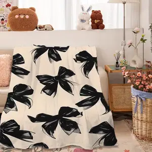 Elegant Black Bow Pattern on Beige Background Blanket Soft Warm Fleece for Home Office Sofa Bed Versatile Donkey Print Design Perfect Gift for All Seasons Black Bow Coquette Throw Blanket Obsessed