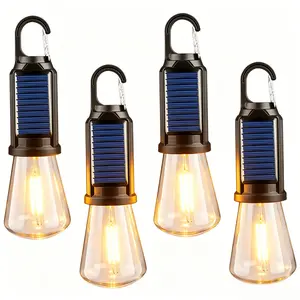 4 Pack Solar LED Camping Lantern, 3 Brightness Modes Waterproof Tent Light Bulb with Anti-Drop Hook, Type-C USB Rechargeable Portable Outdoor Hanging Lamp for Hiking Fishing Garden Yard Beach Backpack