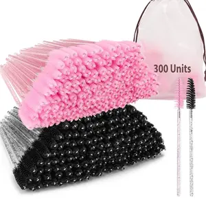 300 Pcs Disposable Mascara Wands, Crystal Eyelash Brush Eyebrow Spoolies for Eyelash Extensions, Pink & Black Mascara Brush