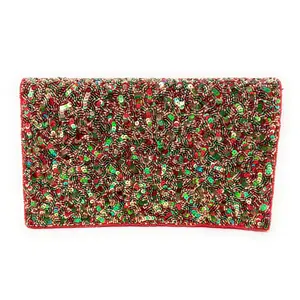 Sequin Red Green Beaded Clutch Purse