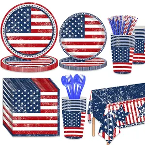133 Pcs American Flag Themed Party Supplies Set, Disposable Patriotic Tableware with Plates, Cups, Napkins, Cutlery, Straws & Tablecloth, Vintage USA Decor for 4th of July, Memorial Day, Labor Day Celebration