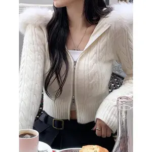 Autumn and winter zipper sweater, faux fur hooded knitted cardigan, comfortable multifunctional women's casual pullover