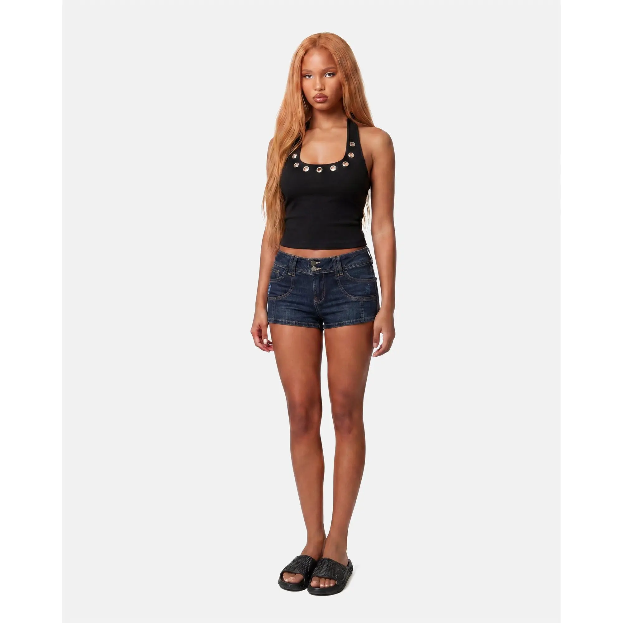 Metal Cutout Halter Cami - Fitted Structured Going-Out Top with Hardware Neckline Detail