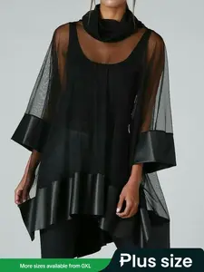 Elegant Plus Size Women's Mesh Patchwork Top, Oversized High Neck Pullover, Solid Color Fashion for All Seasons