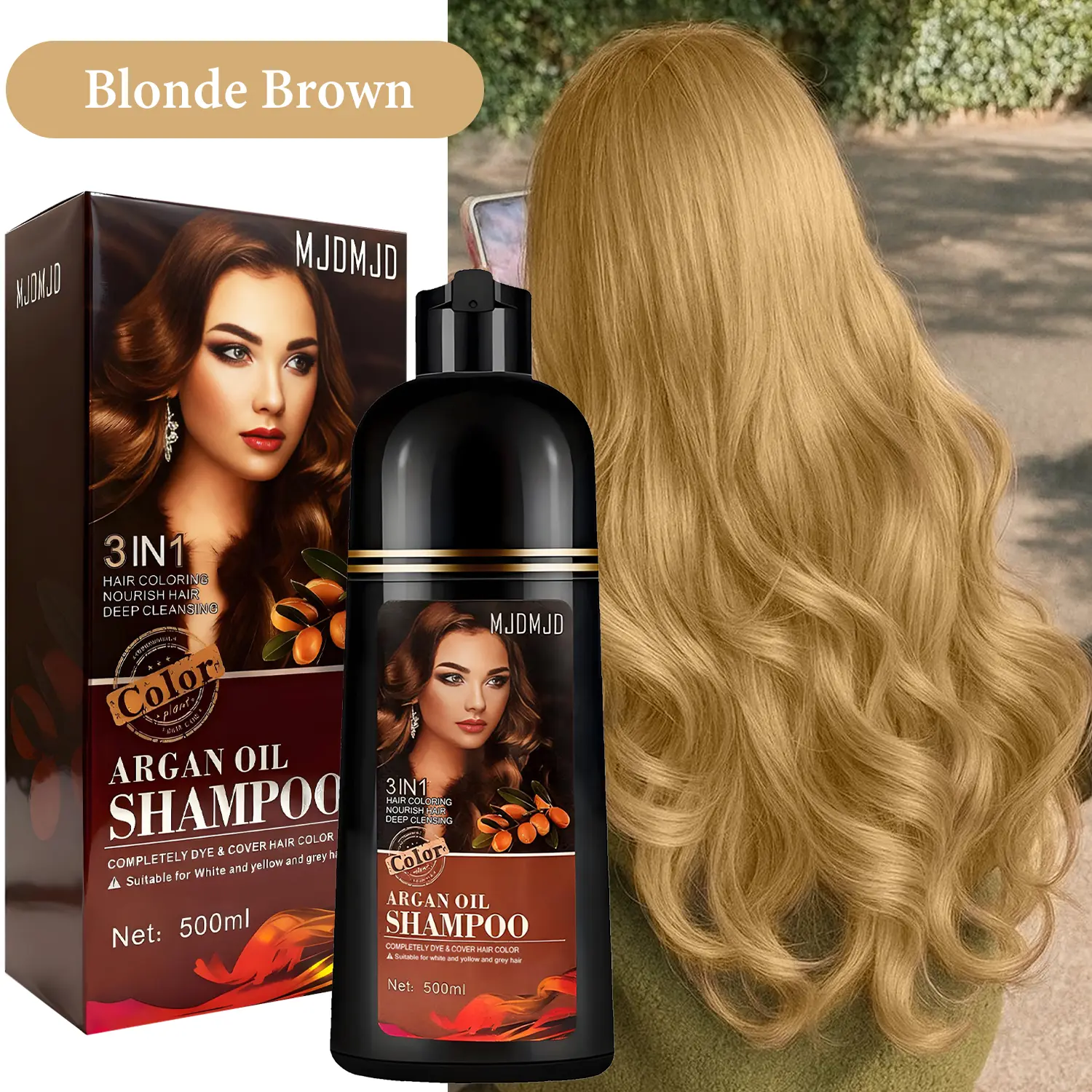 MJDMJD Golden Blonde Brown Hair Dye Shampoo 3-in-1, Argan Oil Hair Color Shampoo for Gray Hair Coverage, Semi-Permanent Natural Hair Dye for Women & Men, Easy At-Home Coloring, 16.9 Fl Oz