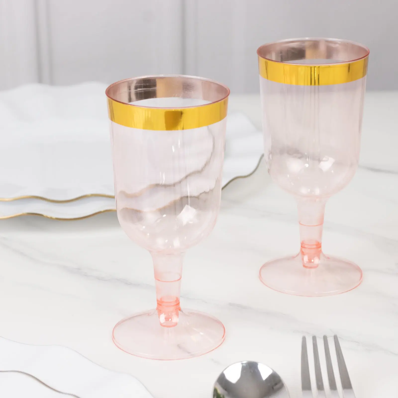 12-Pack 6oz Plastic Short Stem Drinking Glasses Set - Transparent with Blush/Gold Rim, Stylish Disposable Kitchen Drinkware