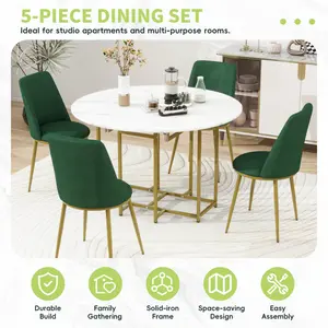 [SOIYELIFE] Space-Saving 5-Piece Extendable Kitchen Dining Table Set for Small Spaces - Round Faux Marble Top with Golden Frame, 4 Upholstered Chairs, Compact Foldable Design,White+Green Cool furniture