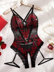 [HANOVER] 2pcs Women's Sexy Lingerie Set, Contrast Color Adjustable Strap Triangle Cup Jumpsuit With Garter Belt, Comfortable Alluring Lace Sexy Sleepwear, Suitable For Home Wear