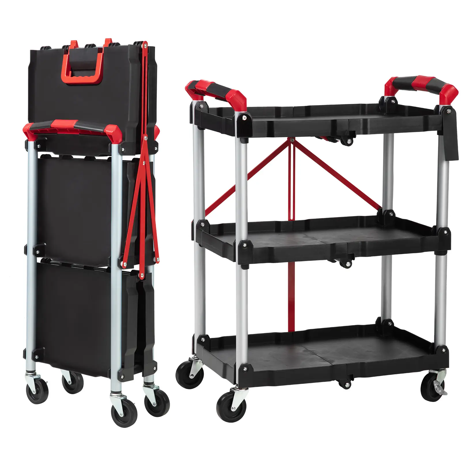 Collapsible 3-Tier Utility Cart with Lockable 360° Swivel Wheels – Heavy Duty 165 lbs Capacity – Collapsible Rolling Storage Cart for Office, Garage, Workshop, Kitchen, Warehouse