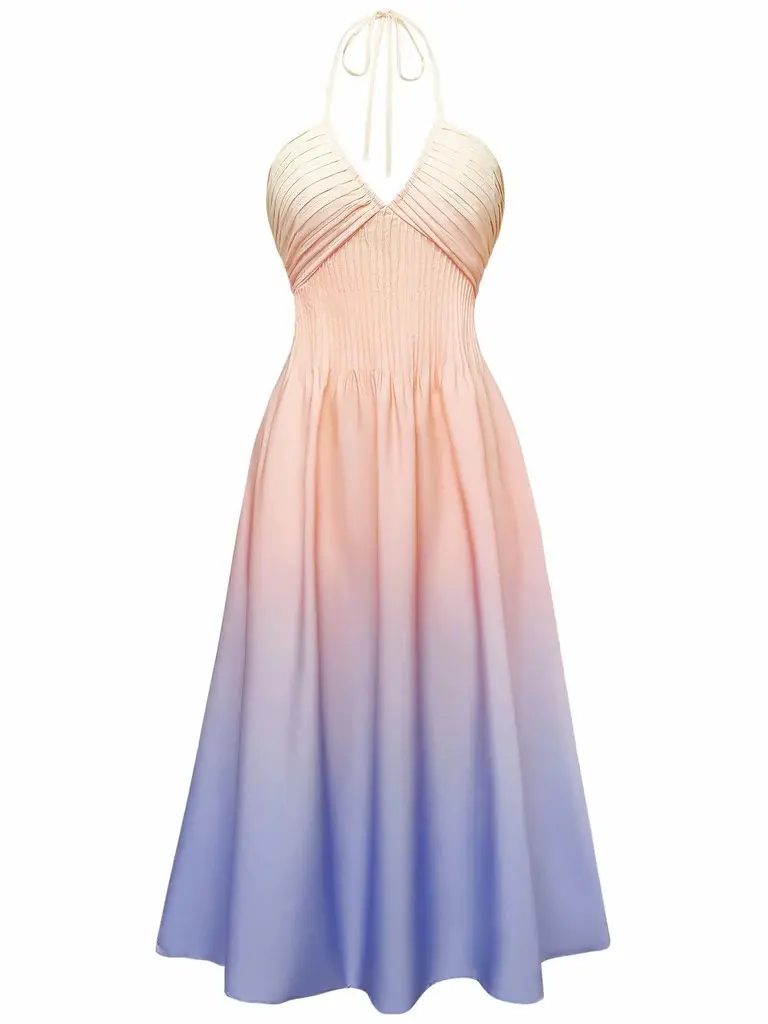 1940S WOMENSWEAR OMBRE DEEP V-NECK HALTER BASIC CASUAL DRESS summer dresses vacation outfits Gradient 1940S WOMENSWEAR OMBRE DEEP V-NECK HALTER BASIC CASUAL DRESS summer dresses vacation outfits Gradient
