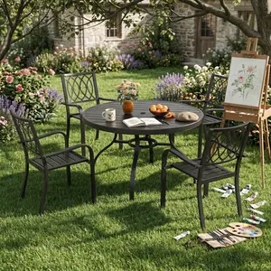 5-Piece Outdoor Patio Dining Set , 47" Round Wood-Grain Slat Table w/ Umbrella Hole + 4 Stacking Metal Chairs (350 lbs Capacity) , Rustproof, Breathable Design, 30-Min Assembly, Patio, Garden, Balcony
