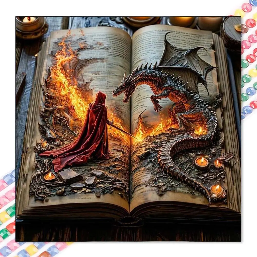 1pcs 5D DIY diamond painting kit, 5D diamond art set, DIY decoration, knight, dragon, flame diamond painting kit full round drill DIY, mosaic, diamond art, DIY art home decoration, suitable for Halloween and Christmas.