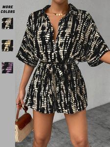 women's abstract print tie waist woven romper, casual short sleeve v neck jumpsuit for summer, fashion women's clothes for daily wear