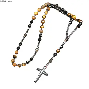 Protection Rosary Necklace Hematite Cross Charm Necklace Obsidian Tiger's Eye Hematite Cross Pendant Amulet for Women Men Gift for her, gift for him