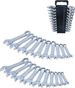 20- Metric and SAE  Stubby Combination Wrench Set with Storage Rack | Metric 10mm to 19mm, SAE 5/16 to 7/8, No Skipped Size | Cr-V Steel, Mirror Chrome Finish, Short Length and Slim
