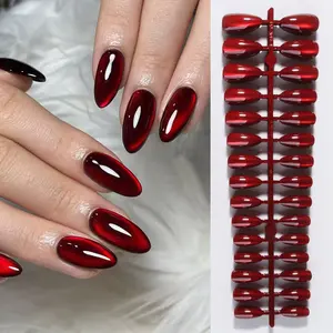 150 Pieces Wine Glitter Nail Tips Kit, Long Almond Shape Ruby, Quick 5 Minute Manicure, No Glue Needed, Party Essential, Nail Kit Set