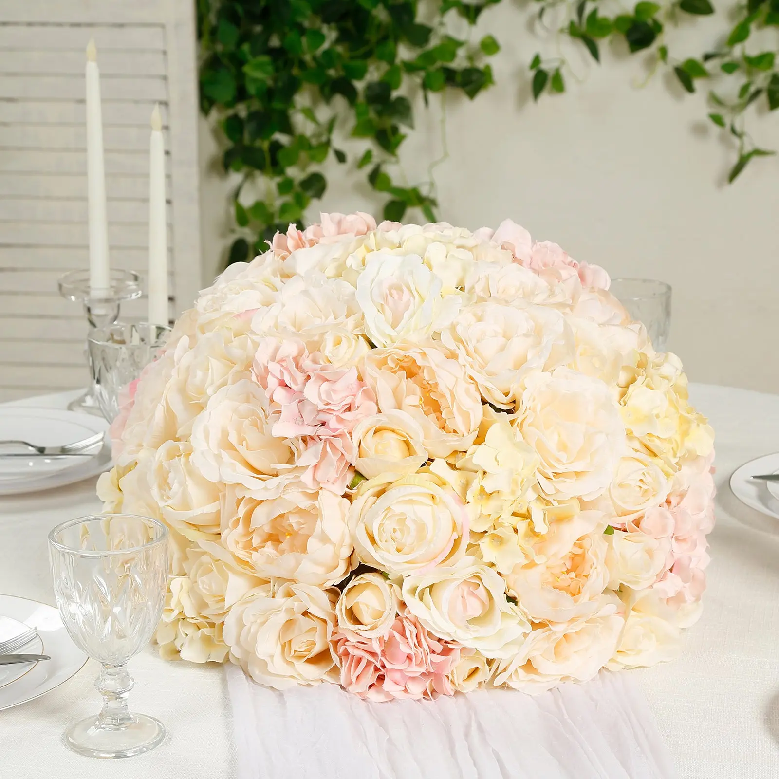20" Pre-Arranged Cream Silk Rose Wedding Centerpiece, Artificial Rose Flower Balls Arrangement - Home & Birthday Party Decoration Table Decor