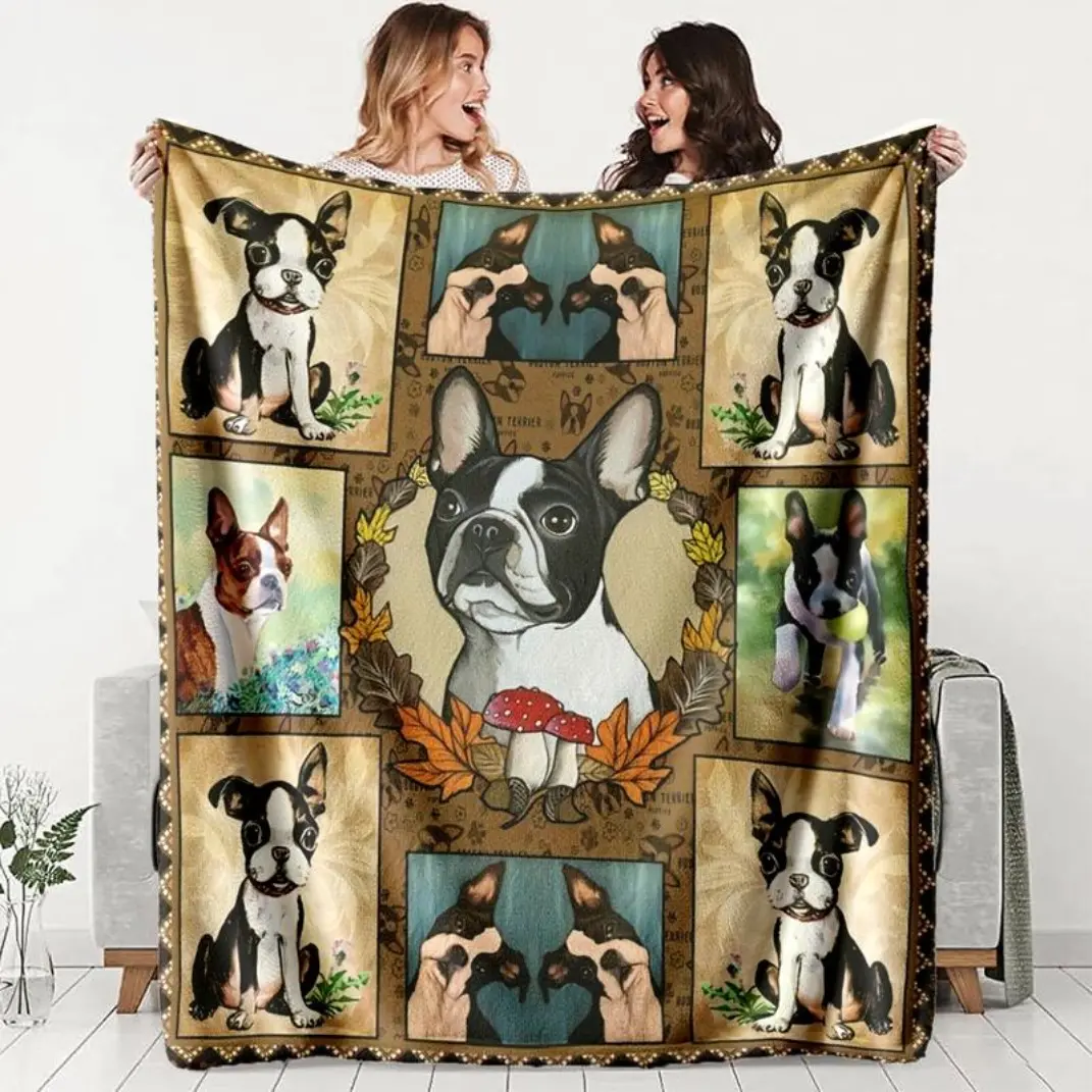Boston Terrier Theme Flannel Blanket, Soft & Warm Bedding Accessory, Durable Material for Sofa Office Travel Camping, Ideal Holiday Gift.Thin Blanket Dream Workshop