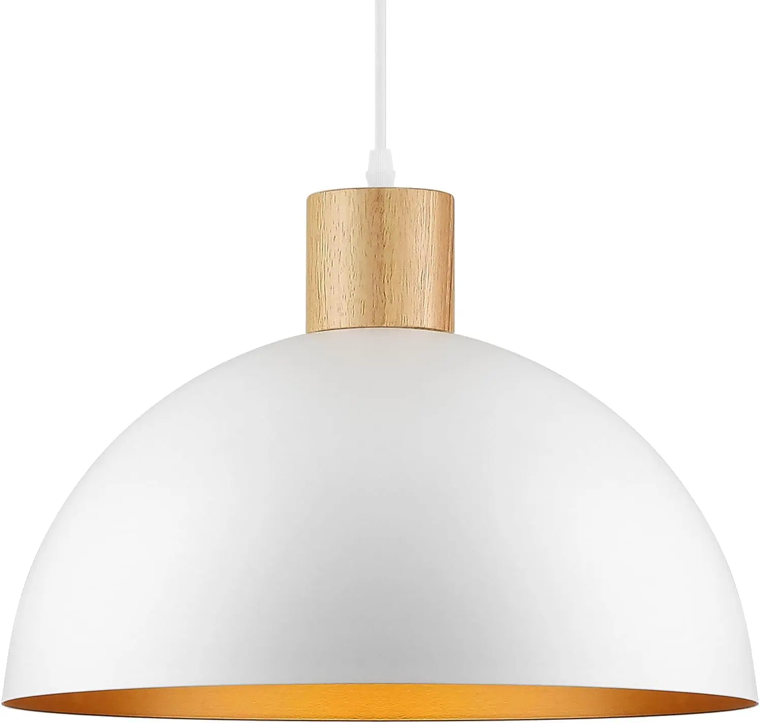 16" White Height-Adjustable Wood and Glass Dome Pendant Light - Line Voltage AC Indoor Hanging Light for Kitchen Island, Farmhouse Dining Room, Ceiling Spots