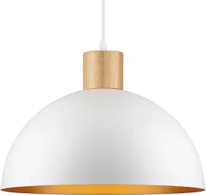 White Pendant Light, 16" Wood Dome Adjustable Large Modern Hanging Lighting for Kitchen Island Farmhouse Dining Room