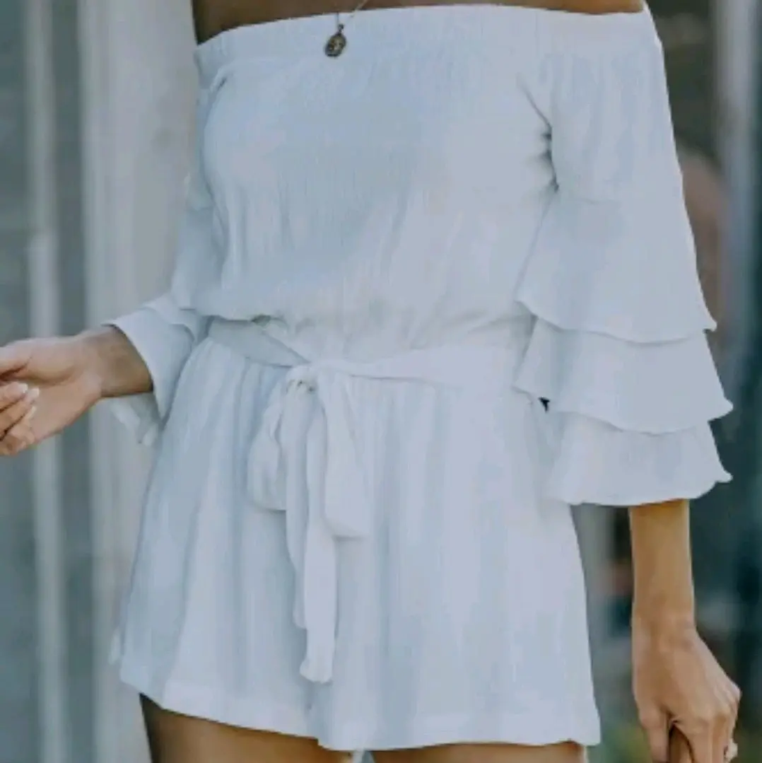 Women White Tiered Ruffled Sleeve Romper