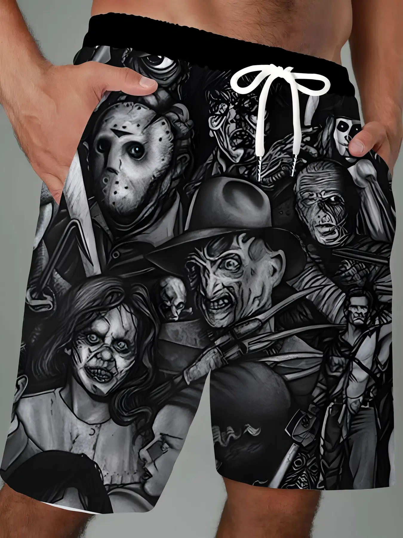 Plus Size Men'S Vintage Monster Print Shorts, Casual Streetwear Graphic Loose Shorts - Black & White Graphic Design, Drawstring Waist, Pockets, All-Season Comfort, Casual Summer Wear, Drawstring Beach Shorts|Monochrome Graphic Shorts|Functional Shorts