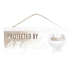 12.5" x 6" Protected By Angels Sign – Burlap/Brown/White/Gray