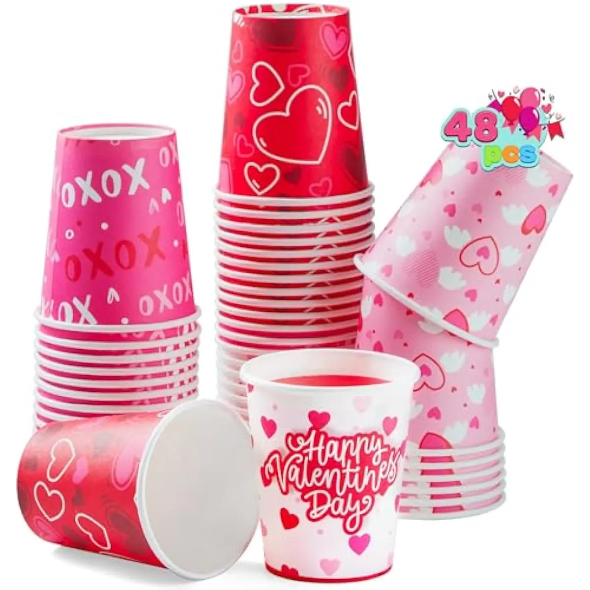 48 Pcs Valentine's Day Disposable Cups, Paper Cocoa Cups with Pink Red Heart Design,Valentine Party Drinkware Supplies for CoffeeTea Beverage for Valentine's Birthdays Wedding Parties(9 oz)