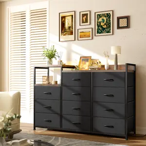 Raybee Furniture Dresser with 11 Faux Wood Drawers - Large Storage Chest Organizer Unit with Steel Frame, Wood Top, Fabric Bins for Bedroom, Hallway, Living Room, Nursery, Closet & College