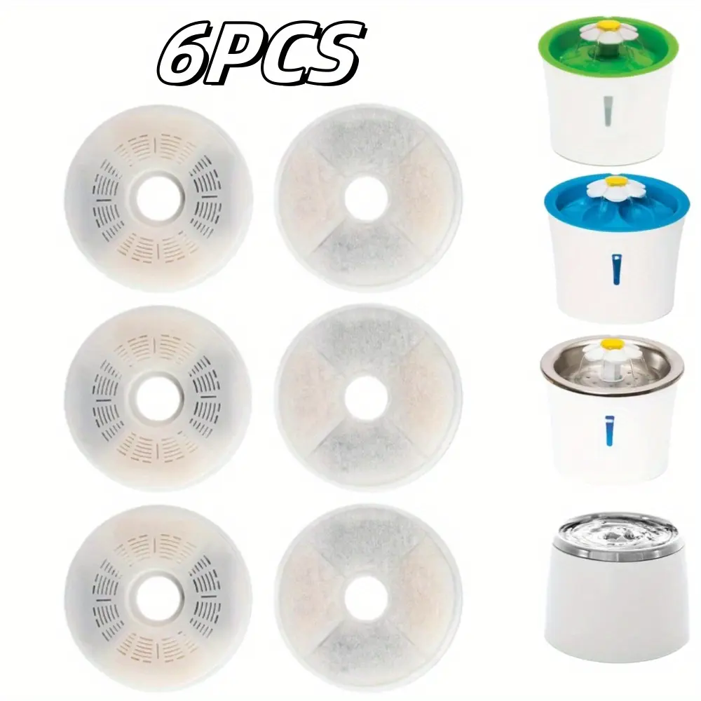 6PCS Cat Fountain Replacement Filters with Activated Carbon & Hairtrap Cotton - Fresh, Round, Fits Catit Design Senses & 5.75" Fountains, Require Soak Rinse - For Pets, Fish Tank Systems
