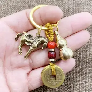 Vintage Chinese Style Good Luck Pendant - Horse and Coin Design, Red and Gold Braided Rope Car Keychain, Lucky Talisman, Chinese Knot Pendant, Thanksgiving Father's Day Gift
