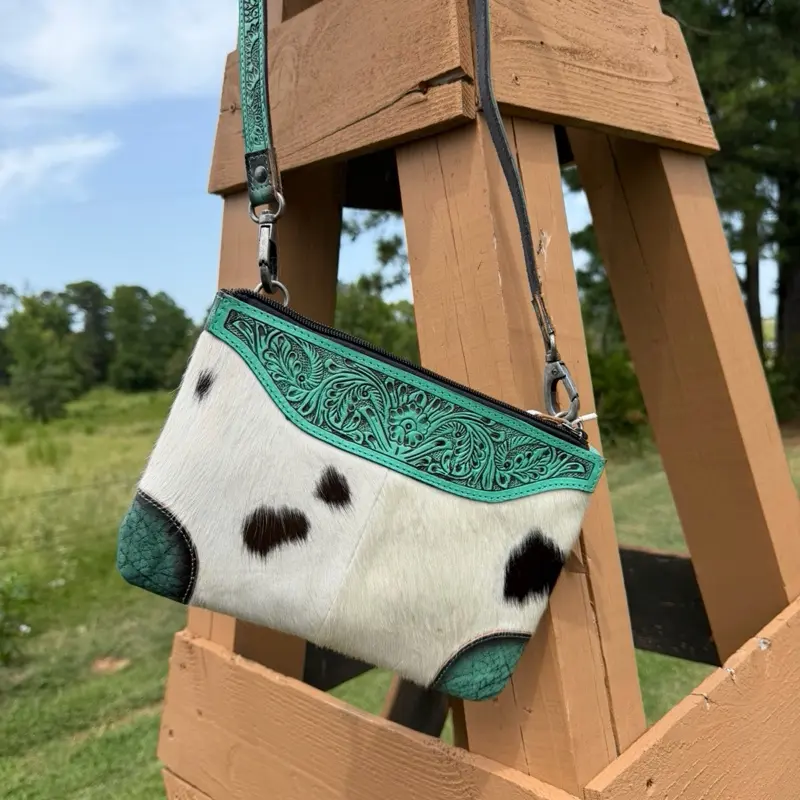 Turquoise Leather and Cowhide Crossbody