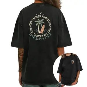 Beach Style Washed T-Shirt with Palm Tree, Surfboard, and Inspirational Quote