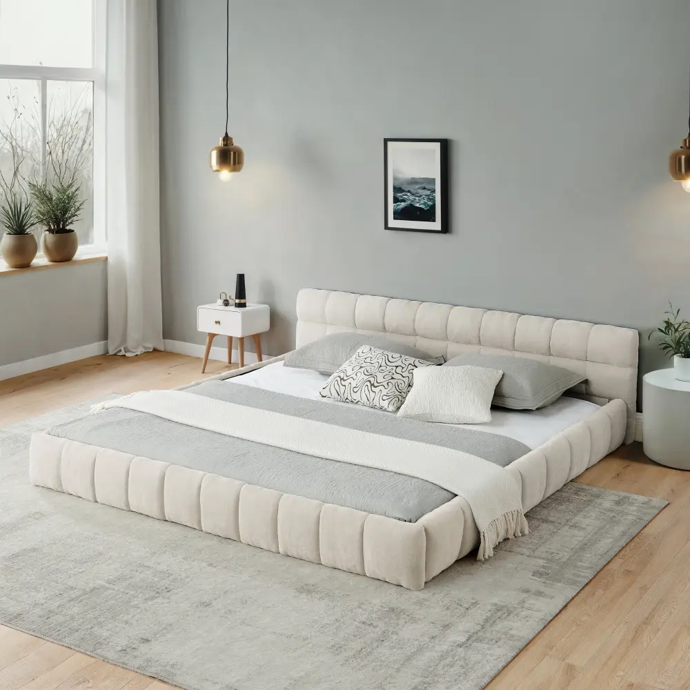 California King Size Upholstered Bed Frame - Thick Chenille Fabric, Solid-Frame Headboard, No Box Spring Required