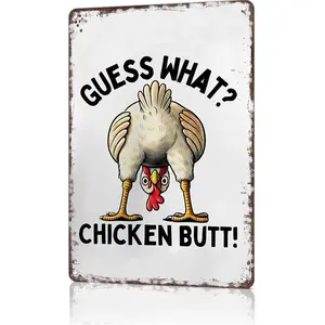 Guess What? Chicken Butt! Funny Chicken 8x12 Inch Aluminum Metal Sign - Humorous Wall Decor for Kitchen, Farmhouse, Chicken Coop, Dorm Room - Retro Tin Sign Gift for Chicken Lovers & Humor Fans
