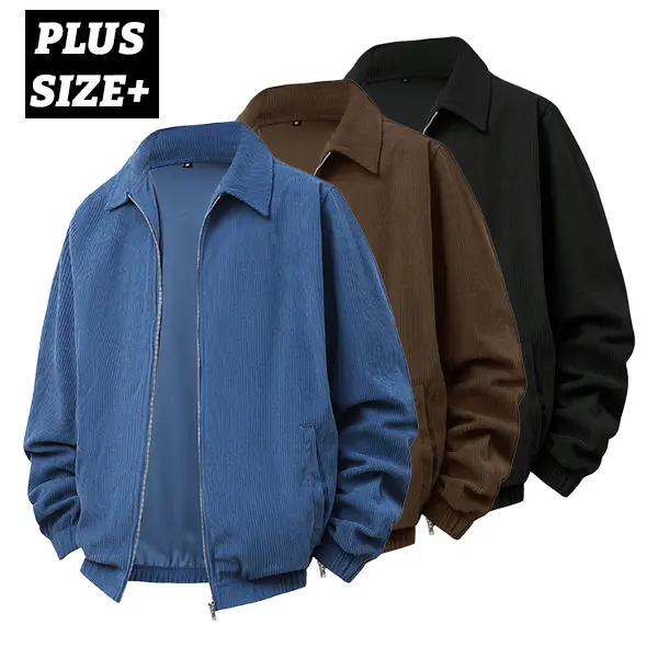 Plus Size Men’s Fine Ribbed Corduroy Jacket with Lapel and Zipper — Blue/Coffee/Black, Loose Vintage Style, Spring/Autumn, Extra-Large Fit for Commuting and Casual Wear