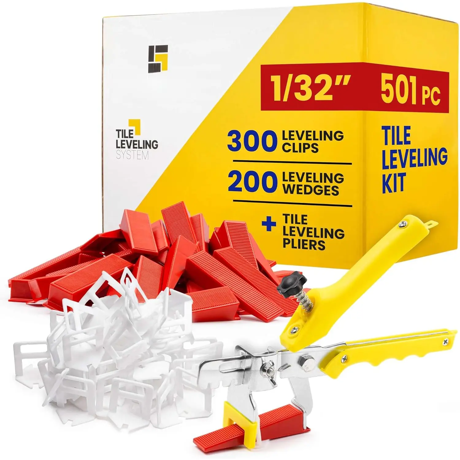 501 count Tile Leveling System with 1/32" (1mm) Tile Spacers, Tile Wedges and Tile Leveling Clips - Saves Time for  and Precise DIY Installation of Ceramic Tiles - With Leveler Tool (Pliers)