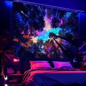 Galaxy Forest Tapestry, Blacklight UV Reactive Wall Hanging, Colorful Starry Night Sky Tree Canopy Wall Art for Bedroom, Dorm, Gaming Room & Party Decor - 59.1" x 80"