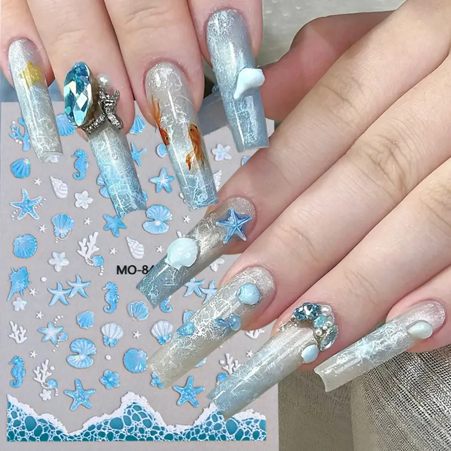 3D Laser Sea Starfish Seashell Nail Stickers Glass Ocean Seahorse Coral Nail Sliders Summer Vacation Beach Party Nail Supplies