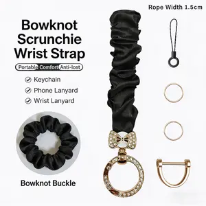 JOYTUTUS Bowknot Scrunchie Wrist Strap with Rhinestone Butterfly Knot Car Key Chain Gift Ideas Valentine's Day Travel Essential Elastic Pleated Lanyard